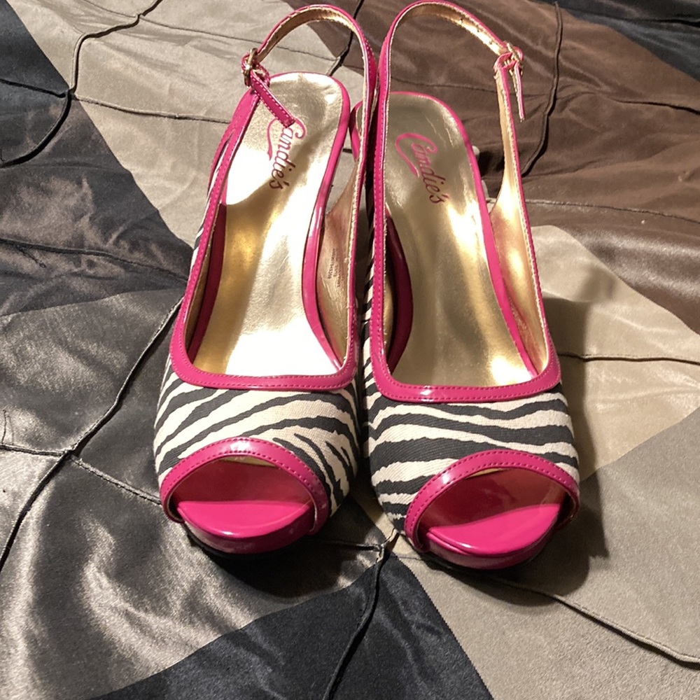 Candie’s zebra print heels Black white and pink size 10 - Picture 2 of 9